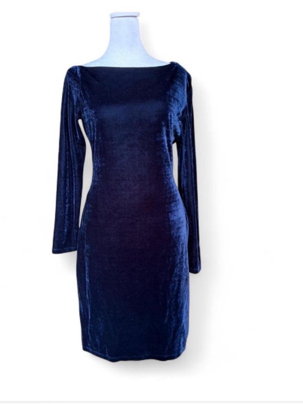 Reiss Navy Blue Velvet Long-Sleeve Sheath Dress